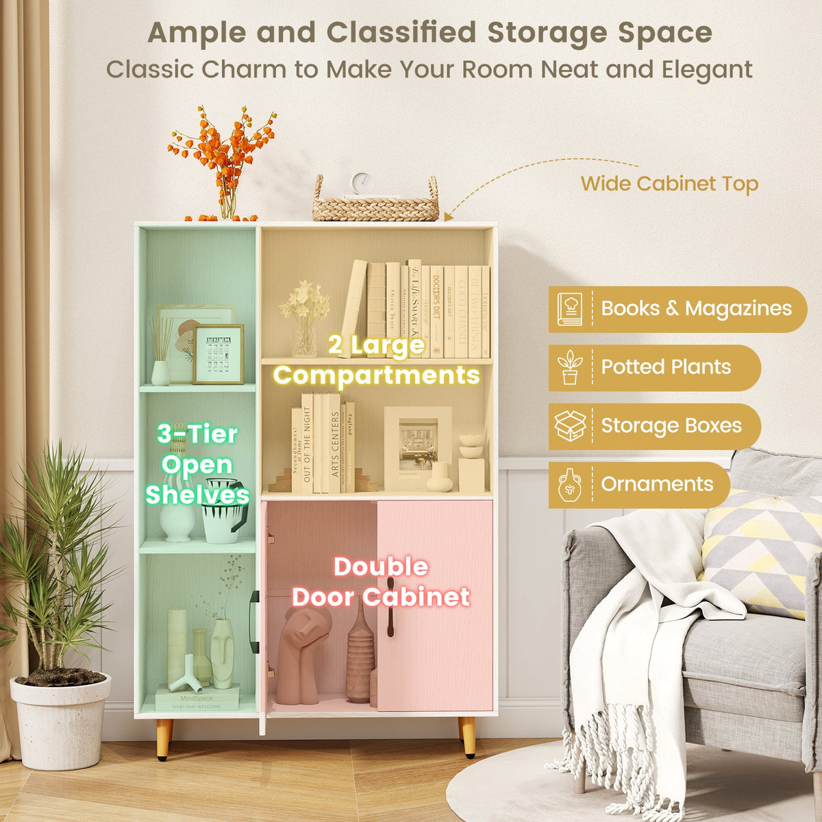 Bookcase with 5 Open Compartments and Double Doors Storage Cabinet-White