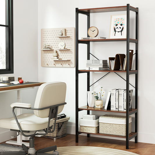 5-Tier Bookshelf with Metal Frame and Storage Rack-Rustic Brown