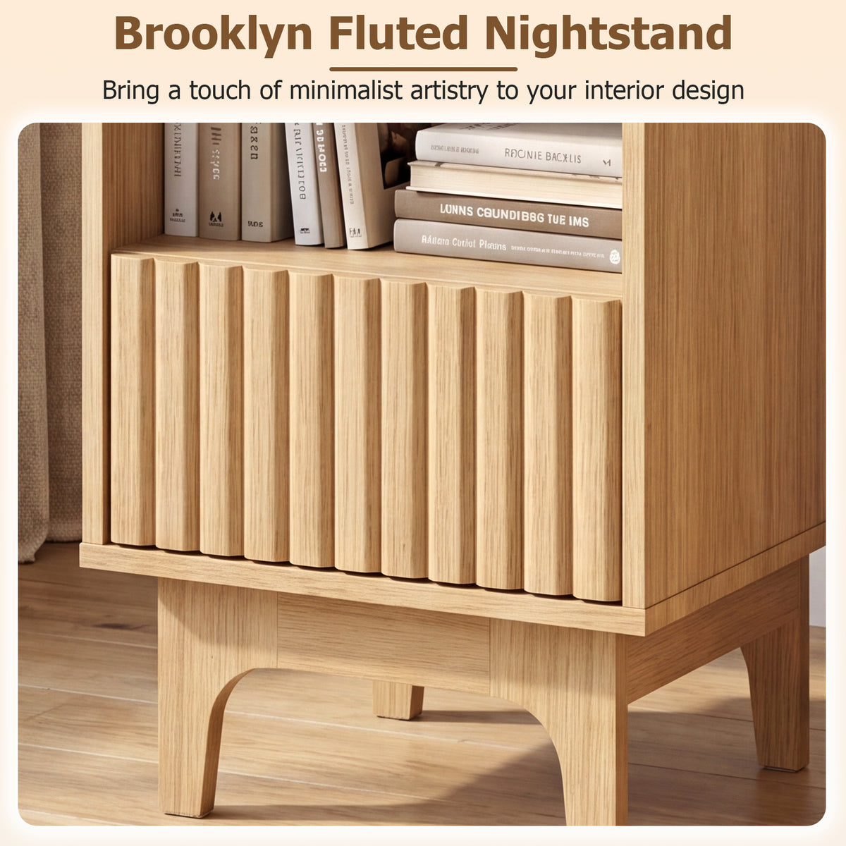 Brooklyn Fluted Nightstand Modern Wooden Night Stand with Open Compartment-Natural
