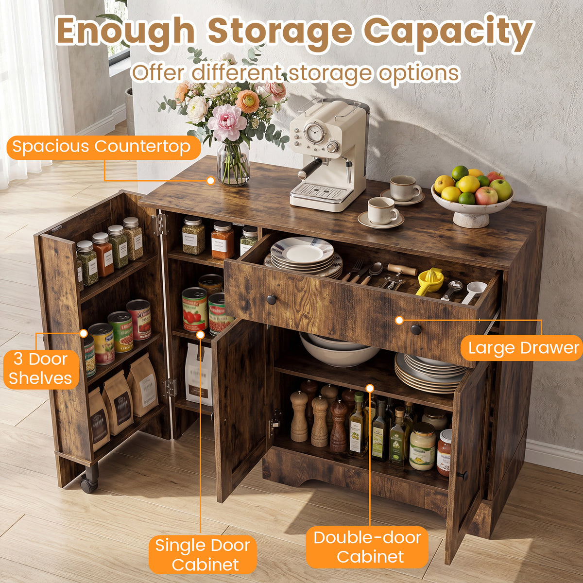 Buffet Cabinet with Storage with 3 Doors Drawers and Shelves-Rustic Brown
