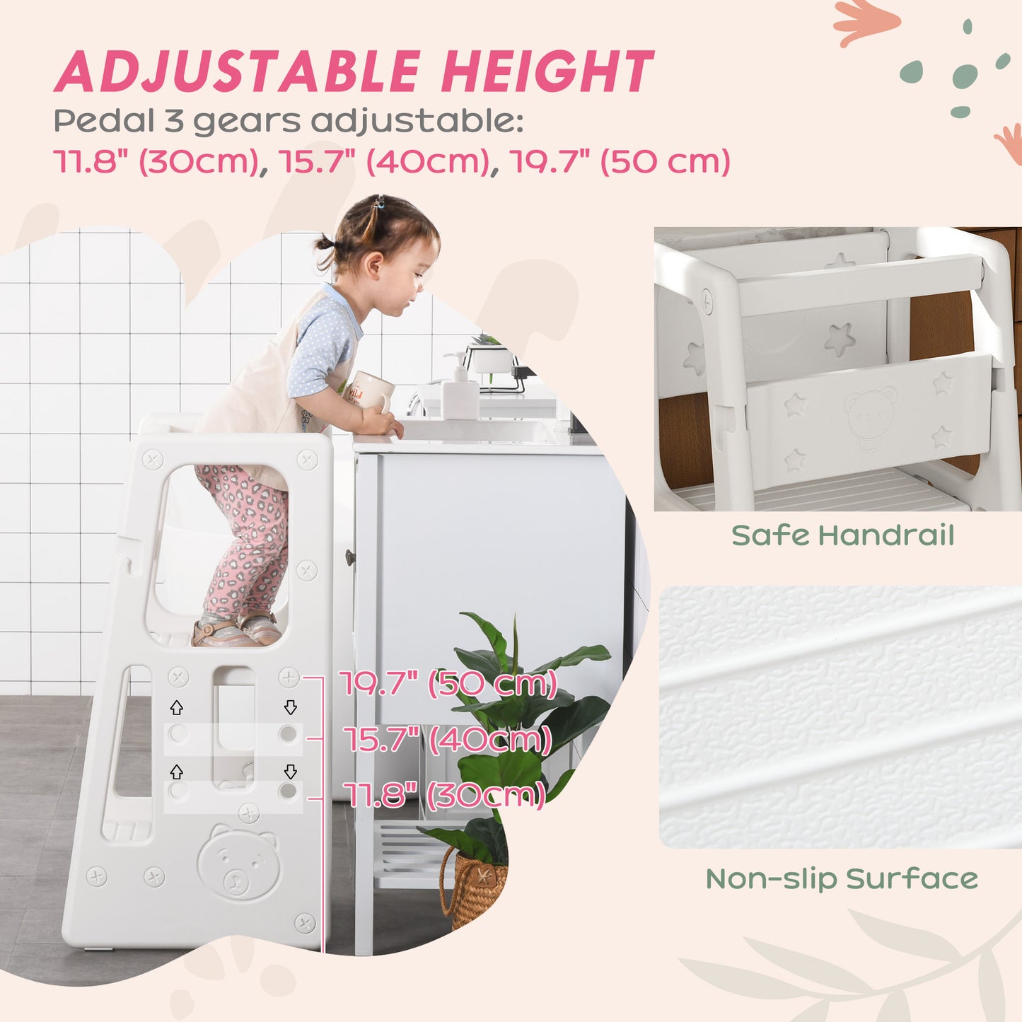 HOMCOM Kids Step Stool, Adjustable Standing Platform, Toddler Kitchen Stool, White