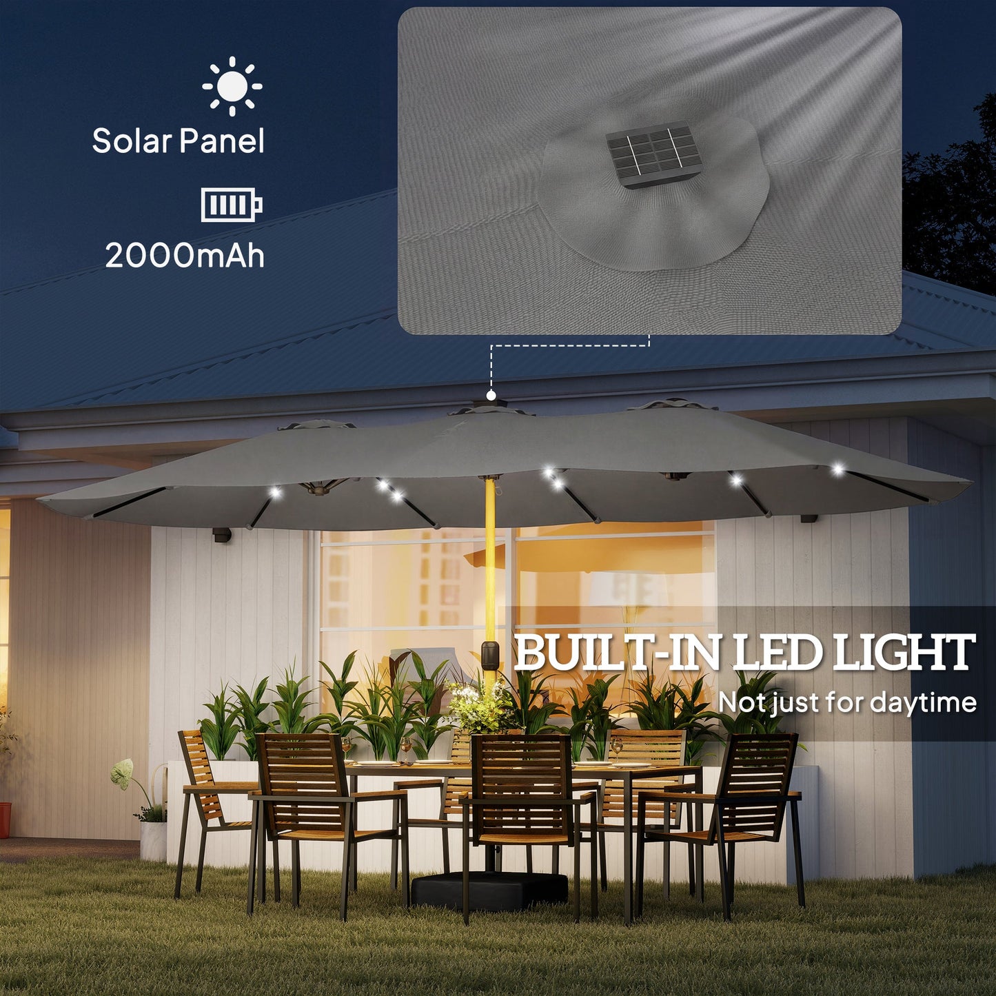 مظلة حديقة مزدوجة الجوانب من Outsunny مع قاعدة مرفقة و48 مصباح LED يعمل بالطاقة الشمسية، مظلة فناء بمقبض تدوير 4.6 متر، رمادي فاتح