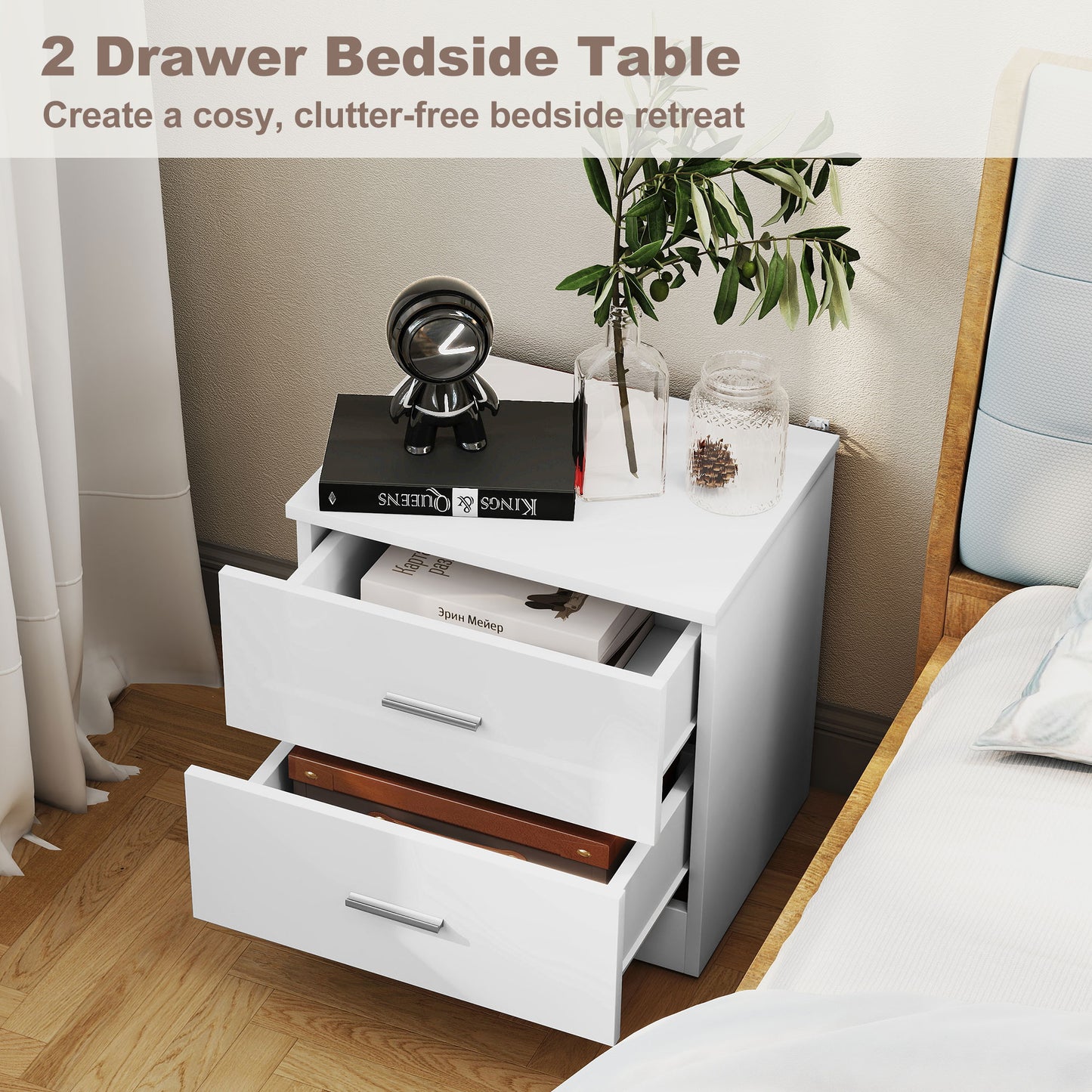 HOMCOM High Gloss 3 Piece Trio Bedroom Furniture Set Wardrobe + Chest Of Drawer + Bedside White