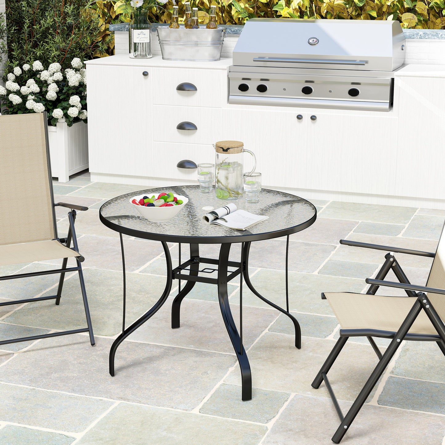 Outsunny Tempered Glass Top Round Outdoor Dining Table with Parasol Hole, 96.5 x 96.5 x 71 cm