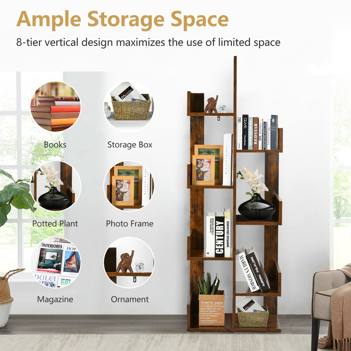 Tree-Shaped Bookshelf with 8 Storage Shelves-Rustic Brown