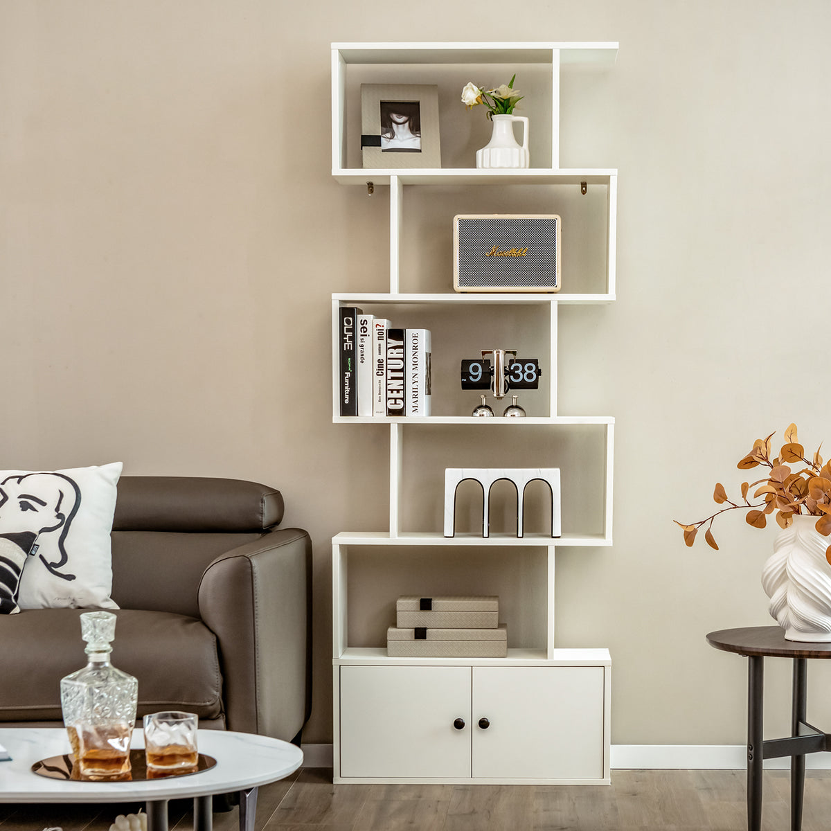 Industrial S-Shaped 5-tier Bookcase with Cabinet-White