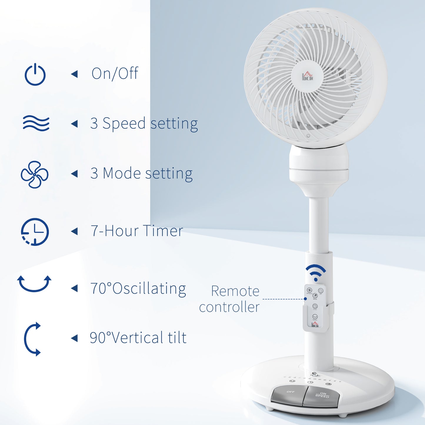 HOMCOM 9'' Air Circulator Fan 3 Speed 3 Mode, 70° Oscillation 90° Vertical Tilt, Height Adjustable, Remote Controller, for Living Room, Bedroom, Office, White
