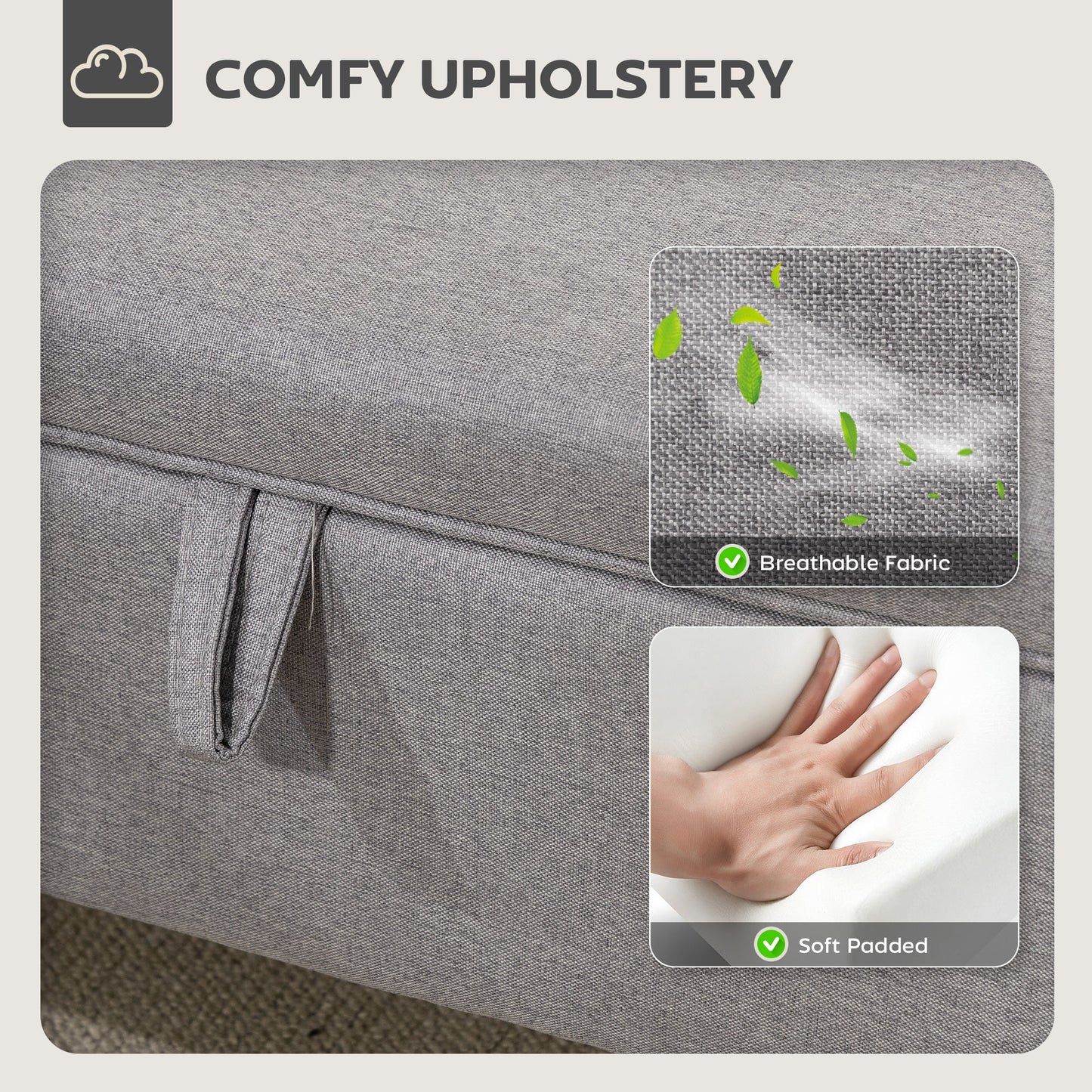 HOMCOM 30L Linen Storage Ottoman Padded Footstool with Rubberwood Legs for Storage Box, Bed End, Shoe Bench, Seating, Light Grey