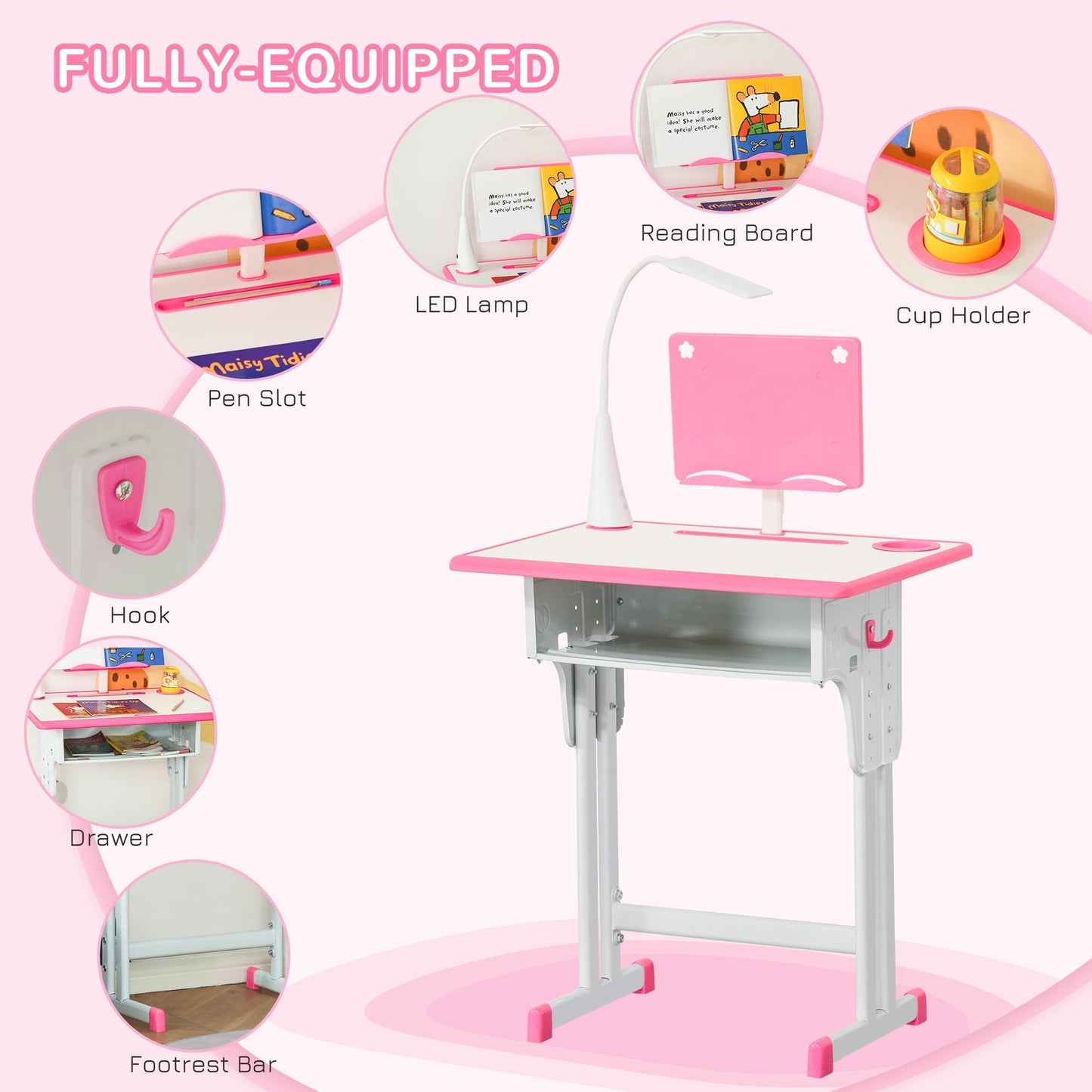 HOMCOM Kids Desk and Chair Set Adjustable Height Study Table Set with Drawer, Book Stand, Pen Slot - Pink