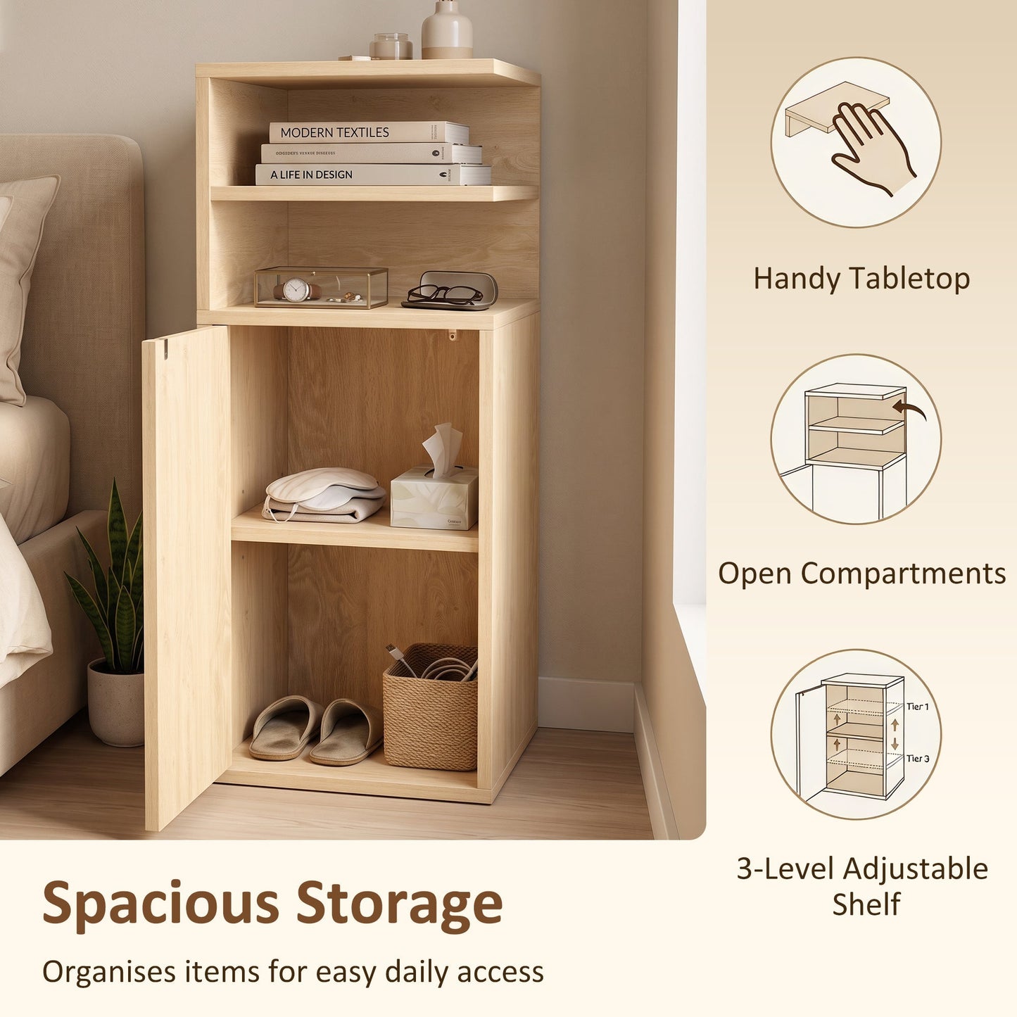 HOMCOM Slim Bedside Table Set of 2, Narrow Bedside Cabinet with Open Cubbies and Cupboard for Bedroom Living Room, Oak