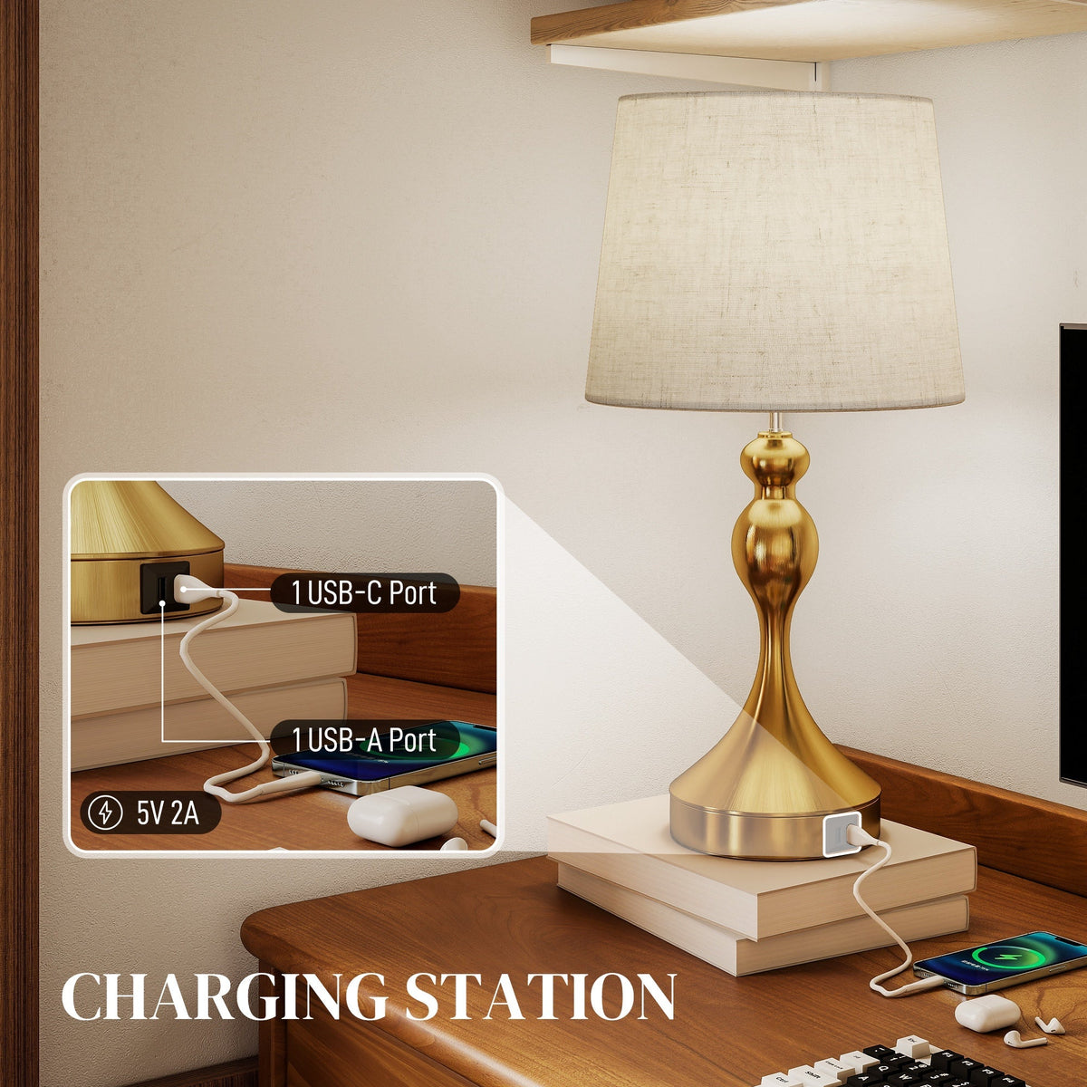 طقم مصباحي طاولة جانبيين من HOMCOM، مصابيح عصرية بـ 3 درجات حرارة ألوان، منافذ شحن USB A+C وغطاء كتاني لغرفة المعيشة وغرفة النوم والمكتب، بلون ذهبي