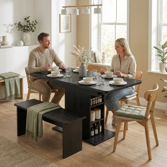 HOMCOM Extendable Dining Table for 4-6 People, 110-130cm Kitchen Table with 6 Open Shelves, Black
