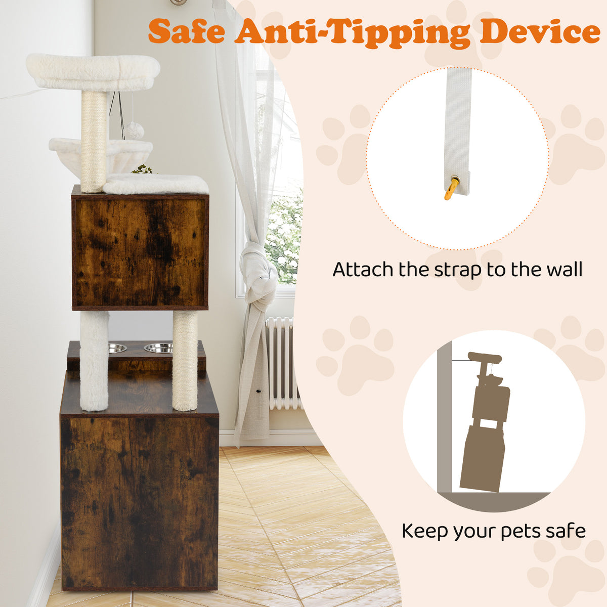 Cat Litter Box Enclosure with Sisal Scratching Post and Mat-Brown