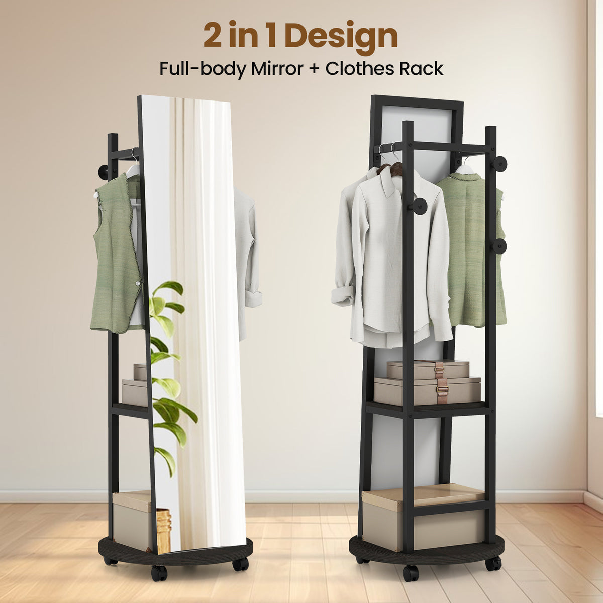 Coat Rack with Full Length Mirror Freestanding Coat Tree with 3 Hooks-Black