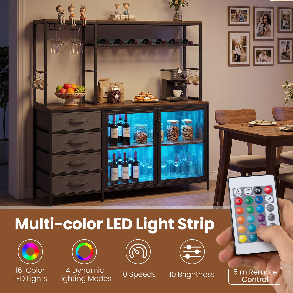 Coffee Bar Cabinet with LED Lights Charging Station-Rustic Brown