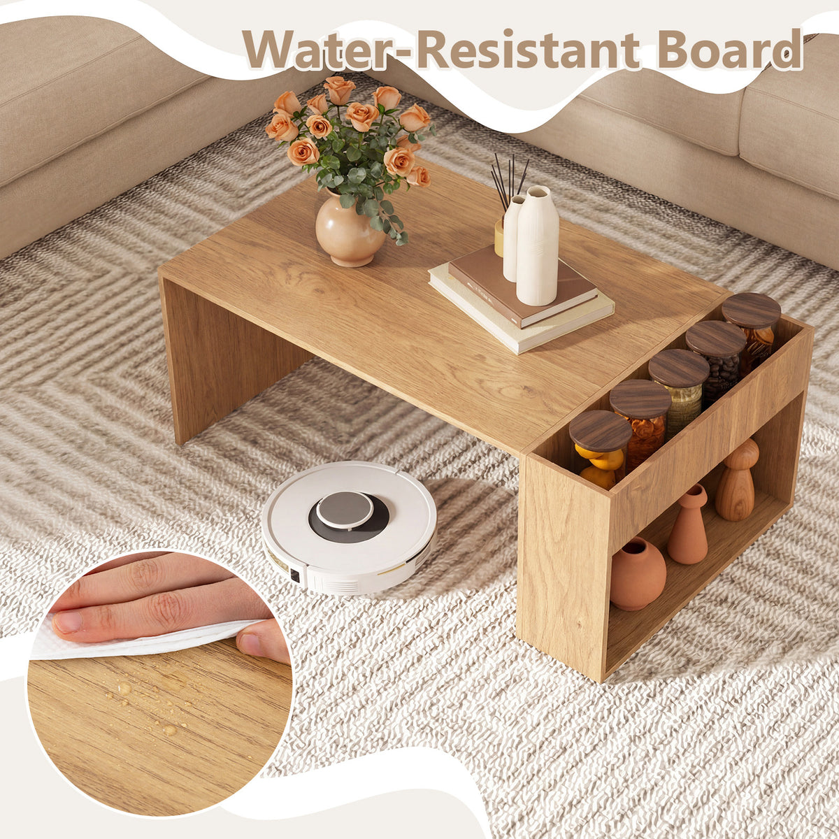 Coffee Table 85cm Coffee Table with Double-Layer Storage Space-Natural