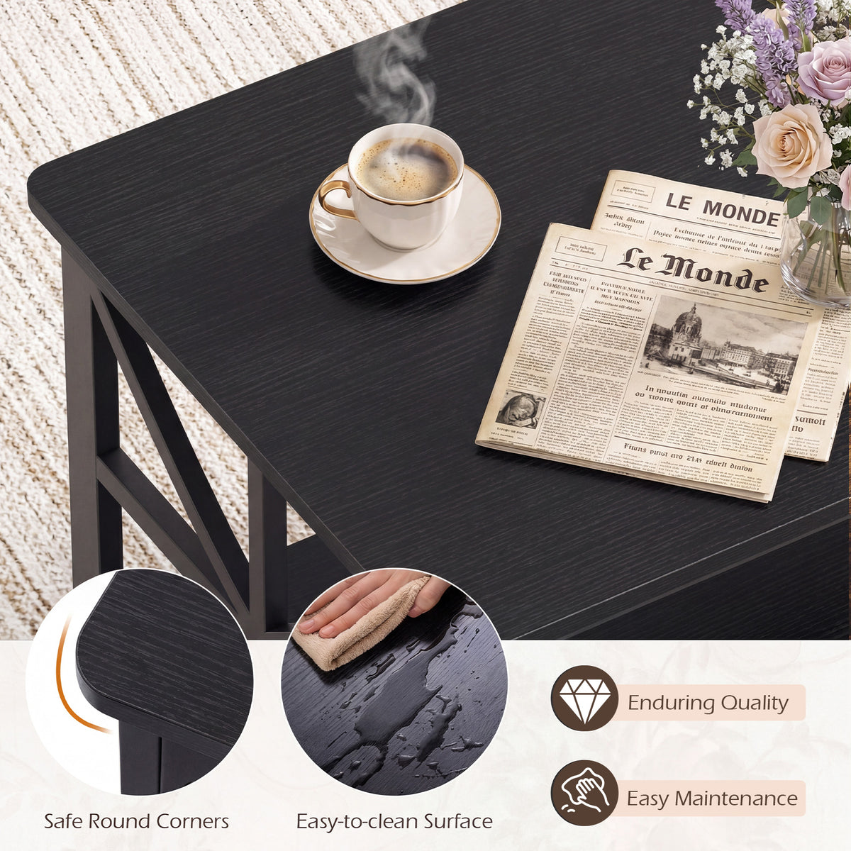 Coffee Table Industrial Farmhouse Accent Table with Open Storage Shelf-Black