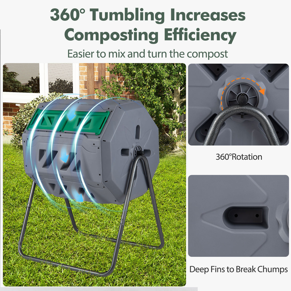 Compost Bin 160L Dual Chamber Composting Tumbler with Sliding Doors-Grey