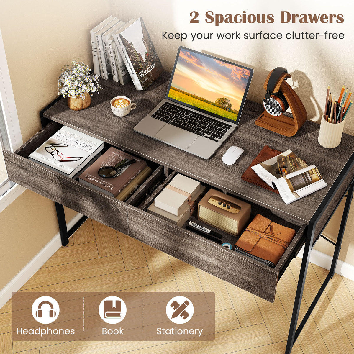 Computer Desk with 2 Drawers Vanity Table with Heavy-Duty Metal Frame-Grey