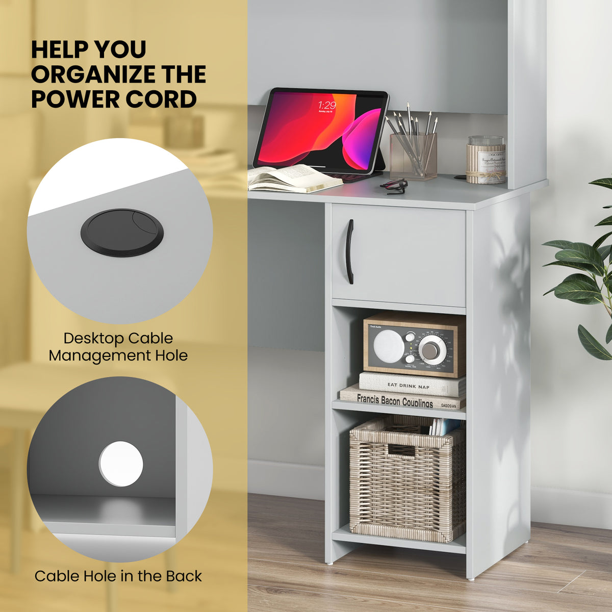 Computer Desk with Hutch and 2 Open Shelves-Grey