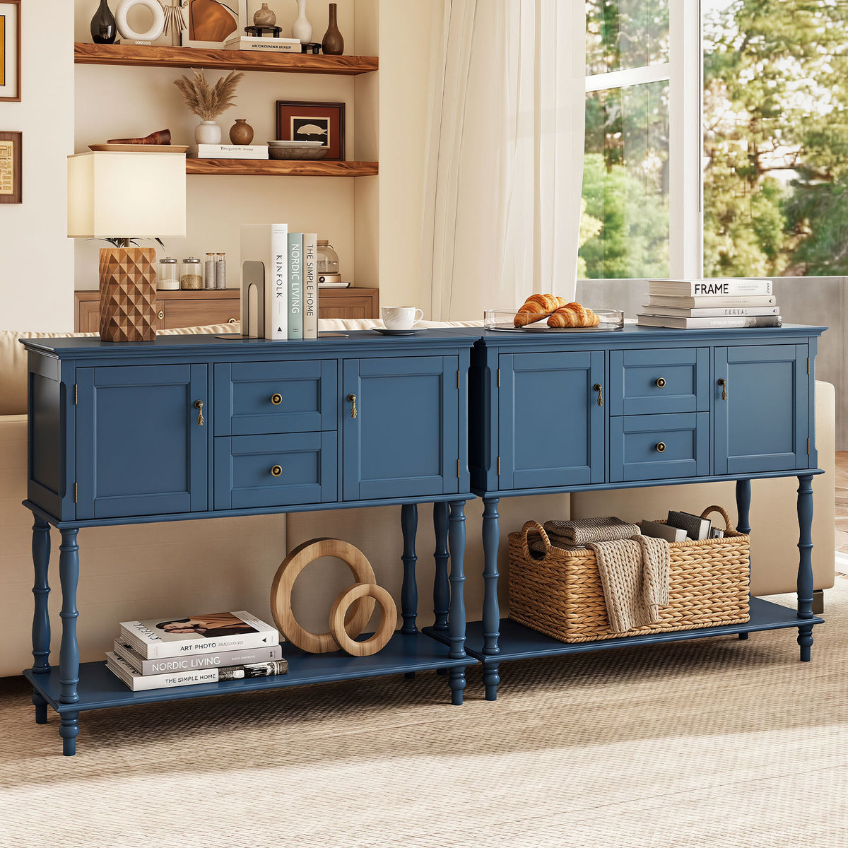 Console Table with 2 Drawers and 2 Door Cabinets for Entryway-Blue
