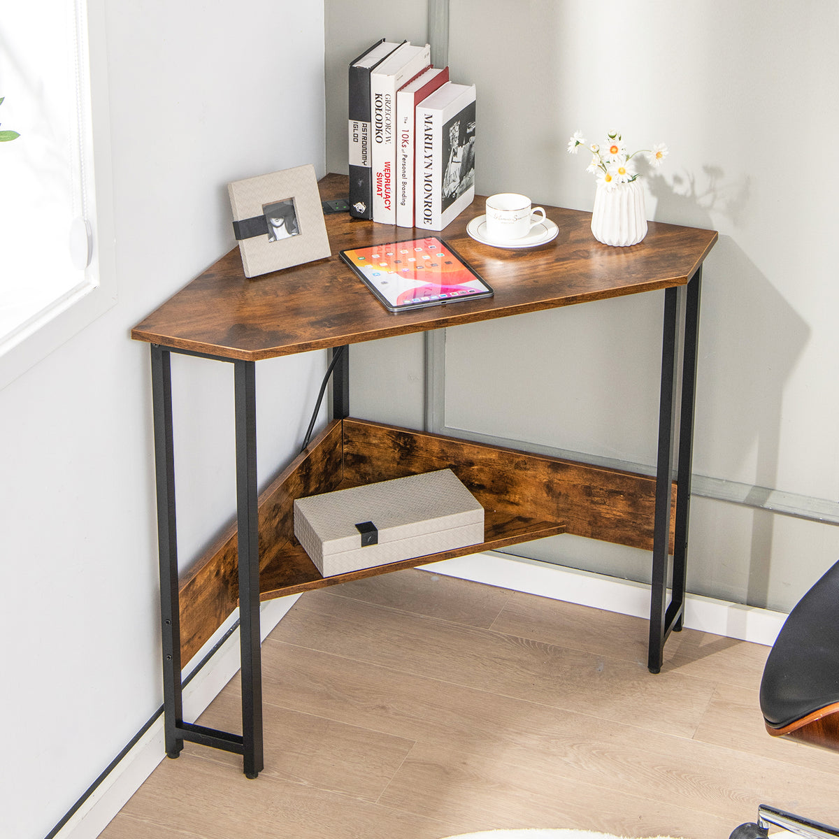 Corner Desk 90-degree Triangle Computer Desk with Power Outlet-Rustic Brown