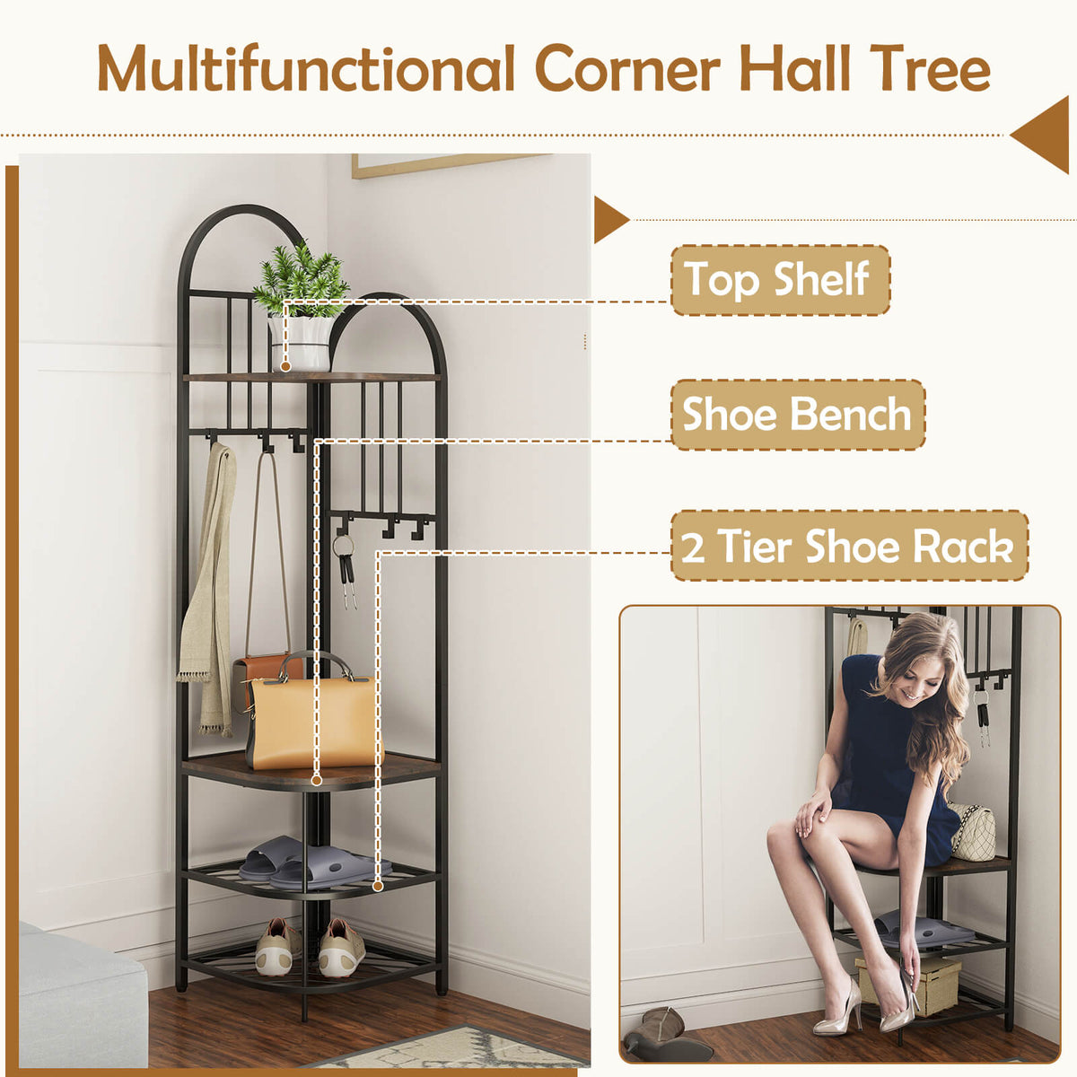 Corner Hall Tree 4-Tier Coat Rack with Storage Bench and Hooks-Rustic Brown