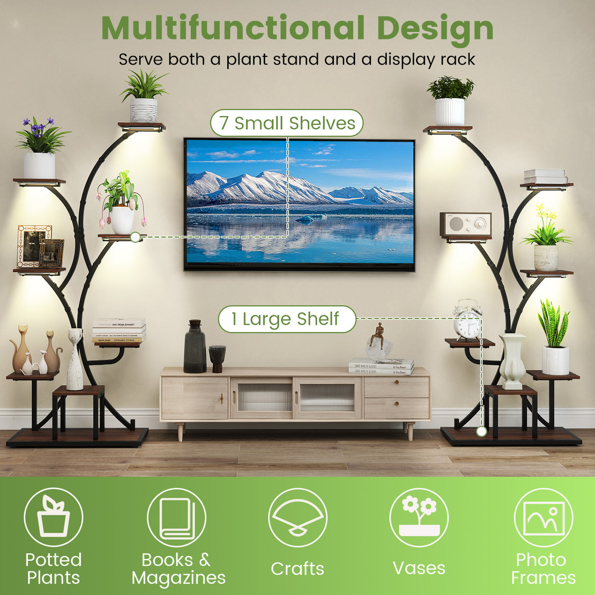 146CM Tall 8-Tier Corner Metal Plant Shelf for Multiple Plants-Walnut