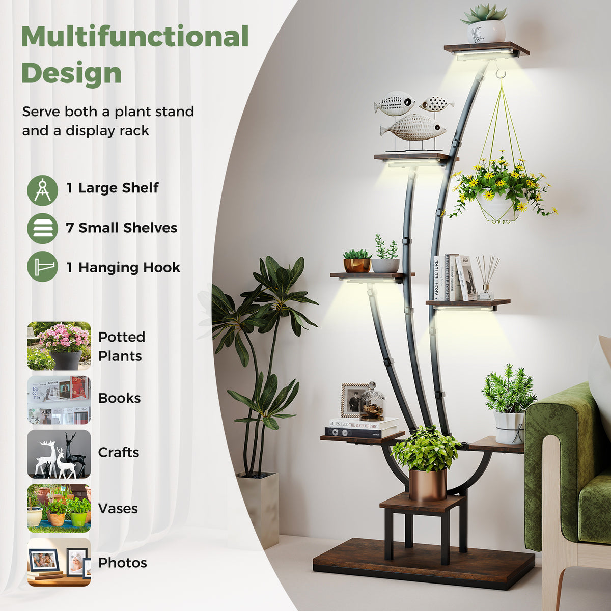 155CM Tall 8-Tier Corner Metal Plant Shelf for Multiple Plants-Rustic Brown-1 Piece