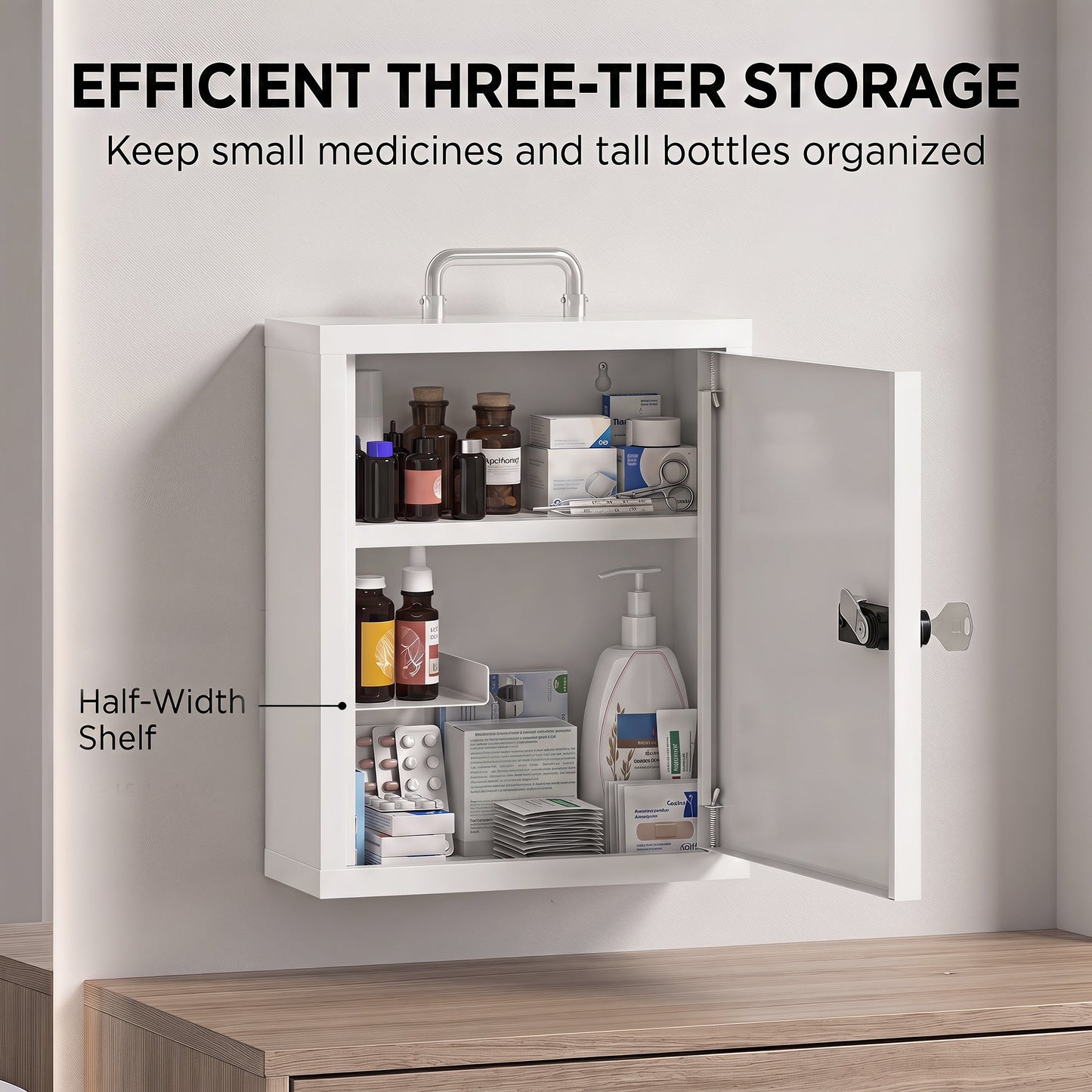 HOMCOM Wall Mount Medicine Cabinet with Combination and Key Lock, 3 Tier Steel First Aid Cabinet, White