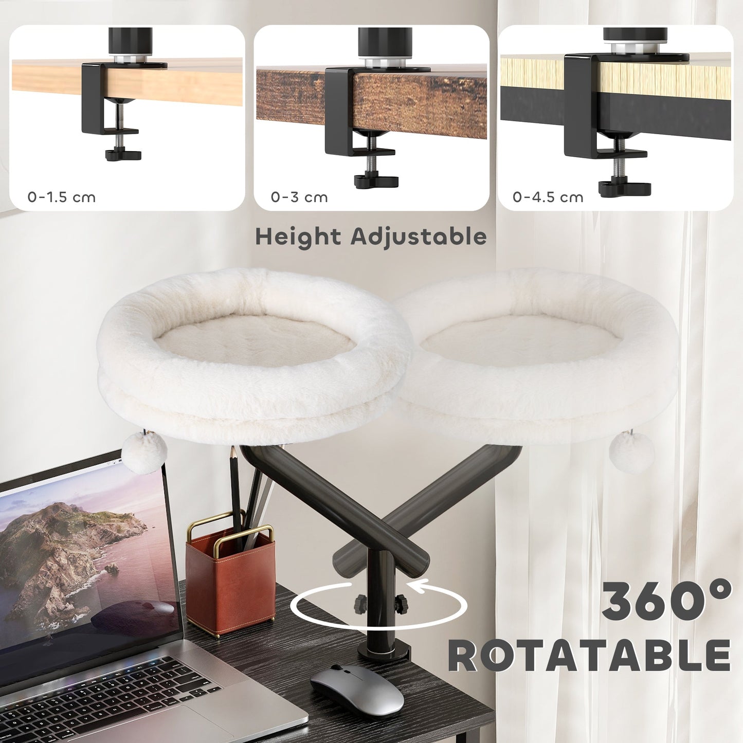 PawHut Cat Desk Bed, Cat Hammock 360° Rotatable Adjustable for Window, Table, Work, Cream White