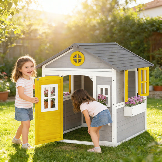 The wooden playhouse in a garden with two children playing by the open yellow door