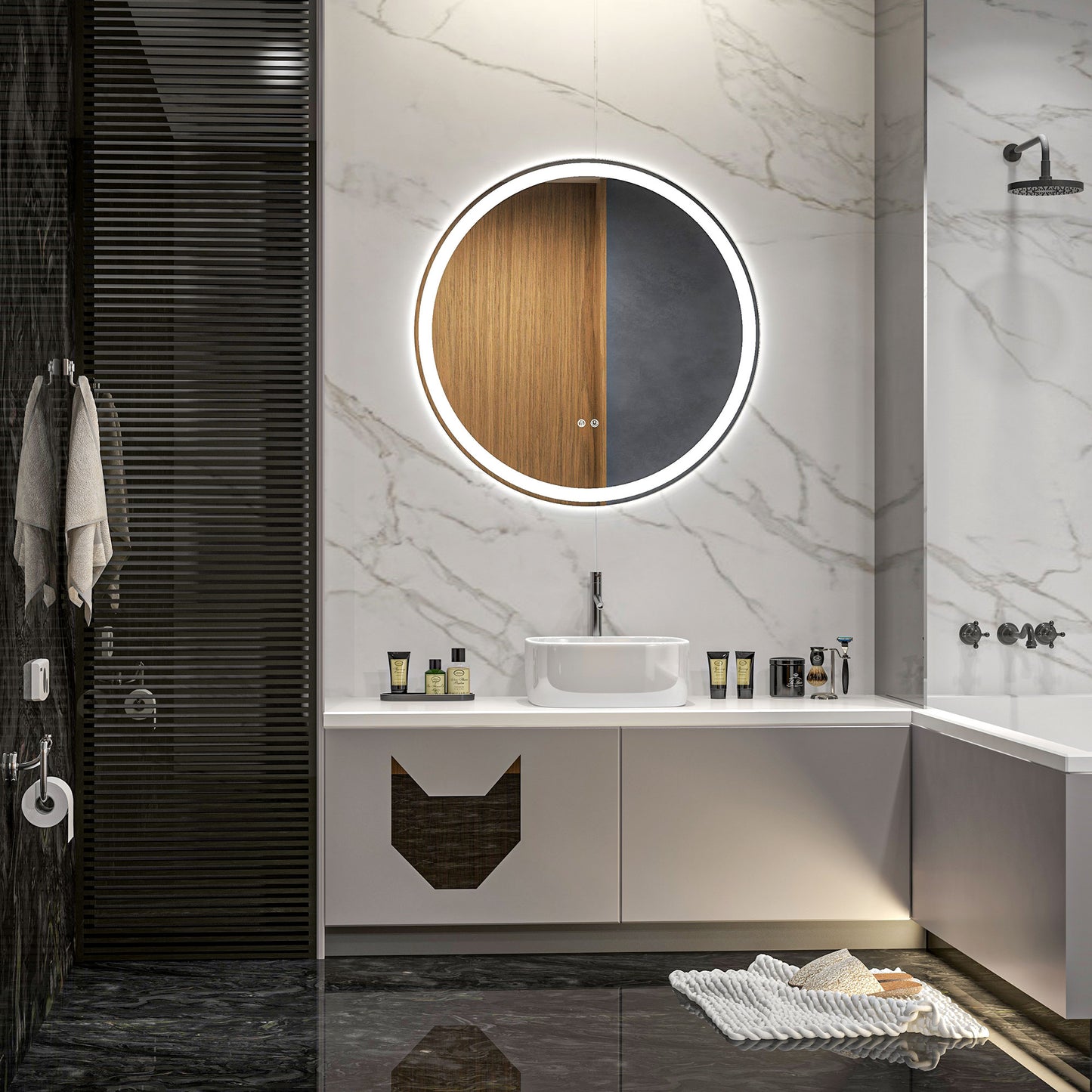 kleankin Round Bathroom Mirror with LED Lights, Wall Mount Dimmable Makeup Mirror with 3 Temperature Colours, Defogging Film and Memory Function, Frameless, Hardwired, 70 x 70Â cm