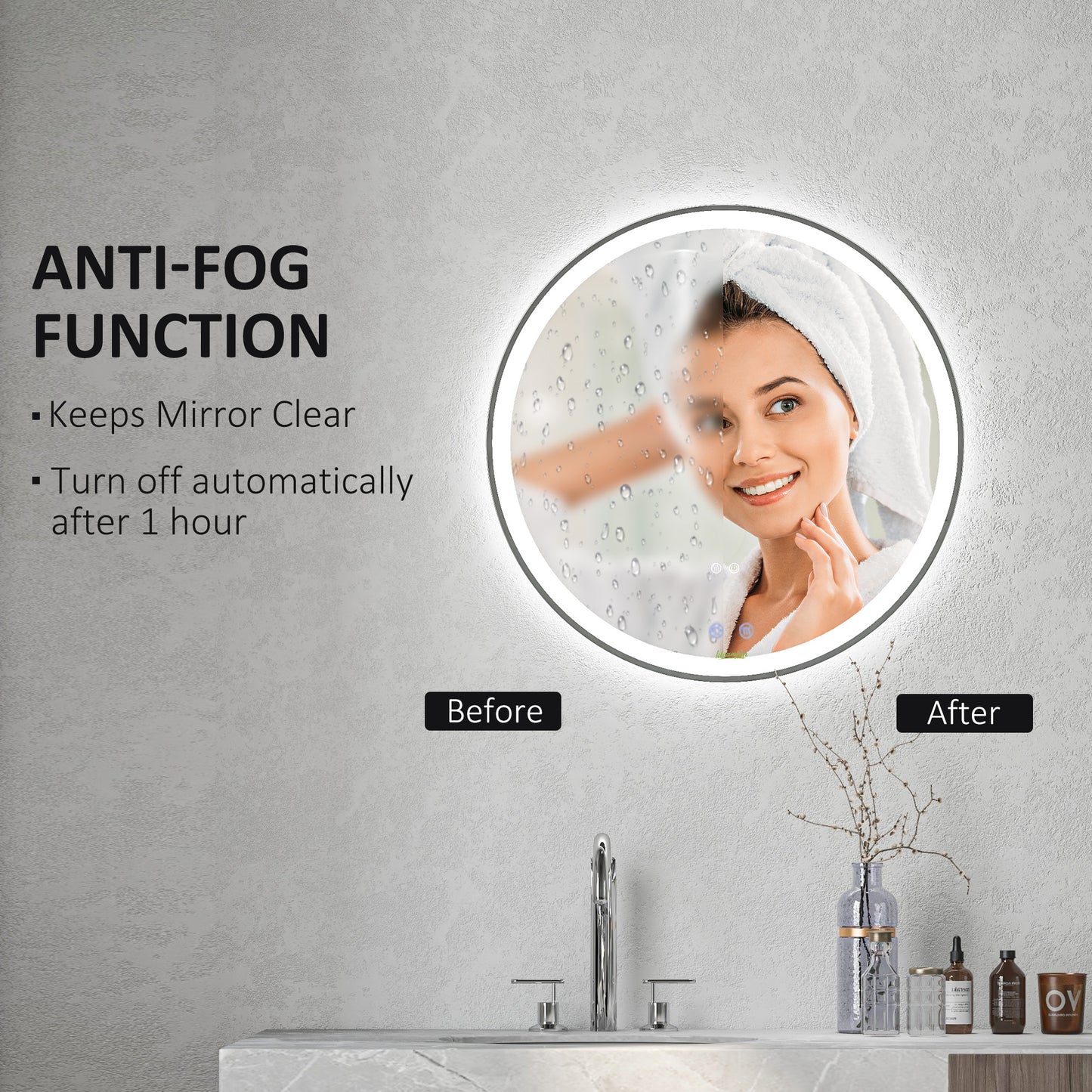 kleankin Round Bathroom Mirror with LED Lights, Wall Mount Dimmable Makeup Mirror with 3 Temperature Colours, Defogging Film and Memory Function, Frameless, Hardwired, 70 x 70Â cm