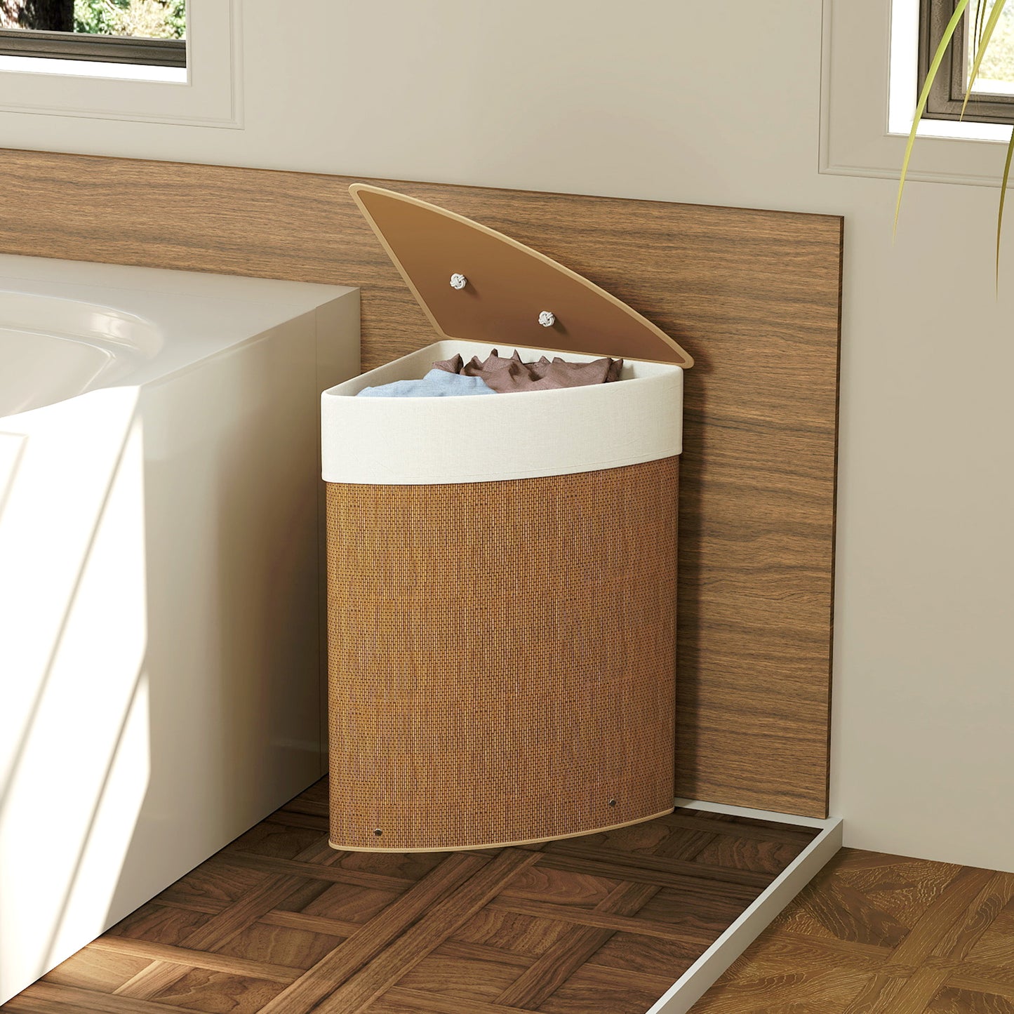 HOMCOM Bamboo Laundry Basket with Lid, 55L Corner Laundry Hamper with Removable Washable Liner Bag, Bathroom Triangle Washing Basket, 35 x 35 x 60 cm, Brown