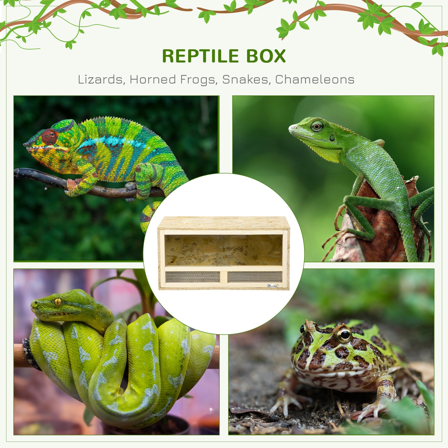 مسكن الزواحف PawHut Terrarium Vivarium مع أبواب منزلقة شفافة وشبكة قابلة للتنفس، للسحالي والضفادع ذات القرون والثعابين والحرباء، 60 × 29.5 × 29.5 سم