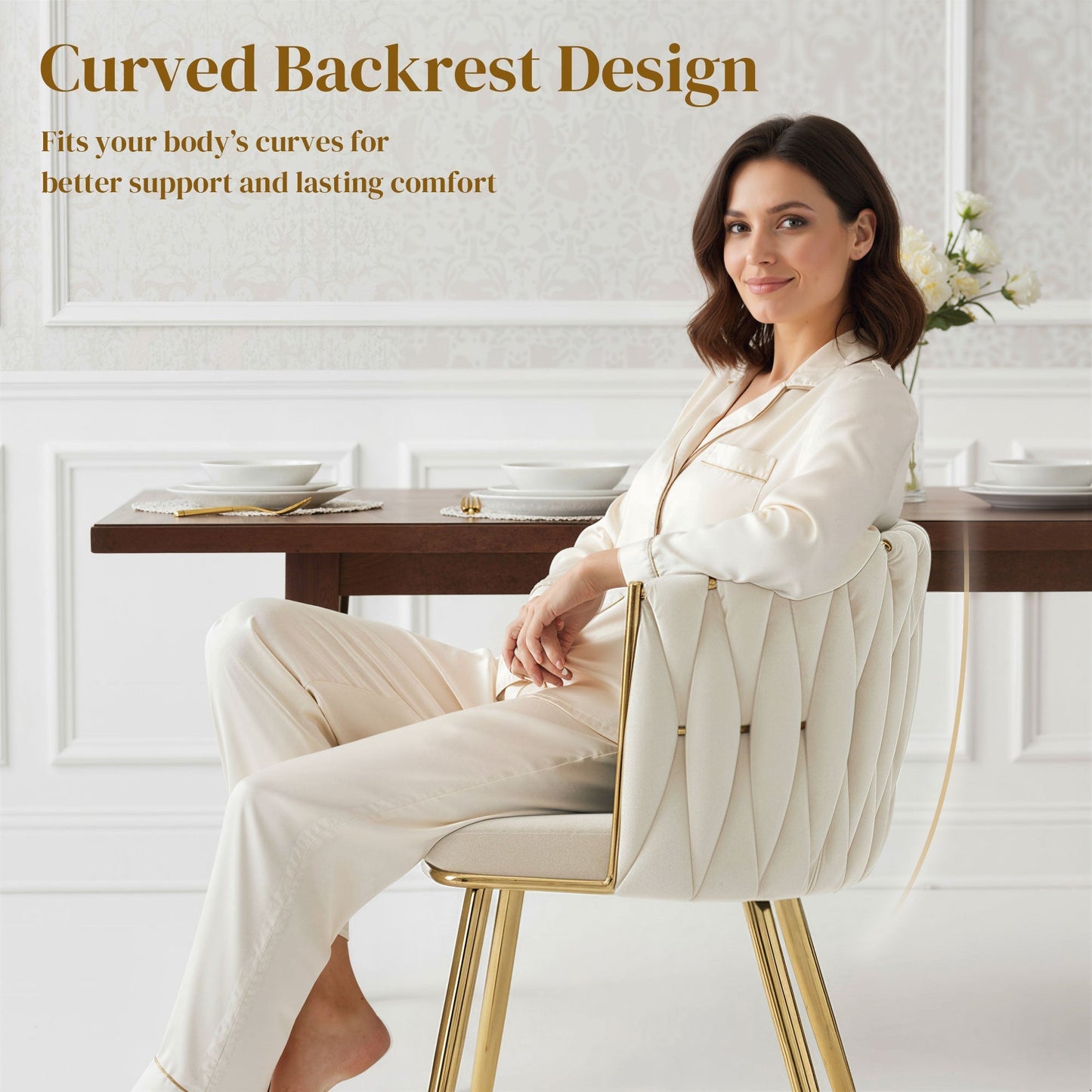 HOMCOM Velvet-Feel Dining Chairs Set of 2, Modern Upholstered Armchair with Knot Design and Golden Metal Legs, Accent Chair for Dining Room, Bedroom, Kitchen, Living Room, Cream