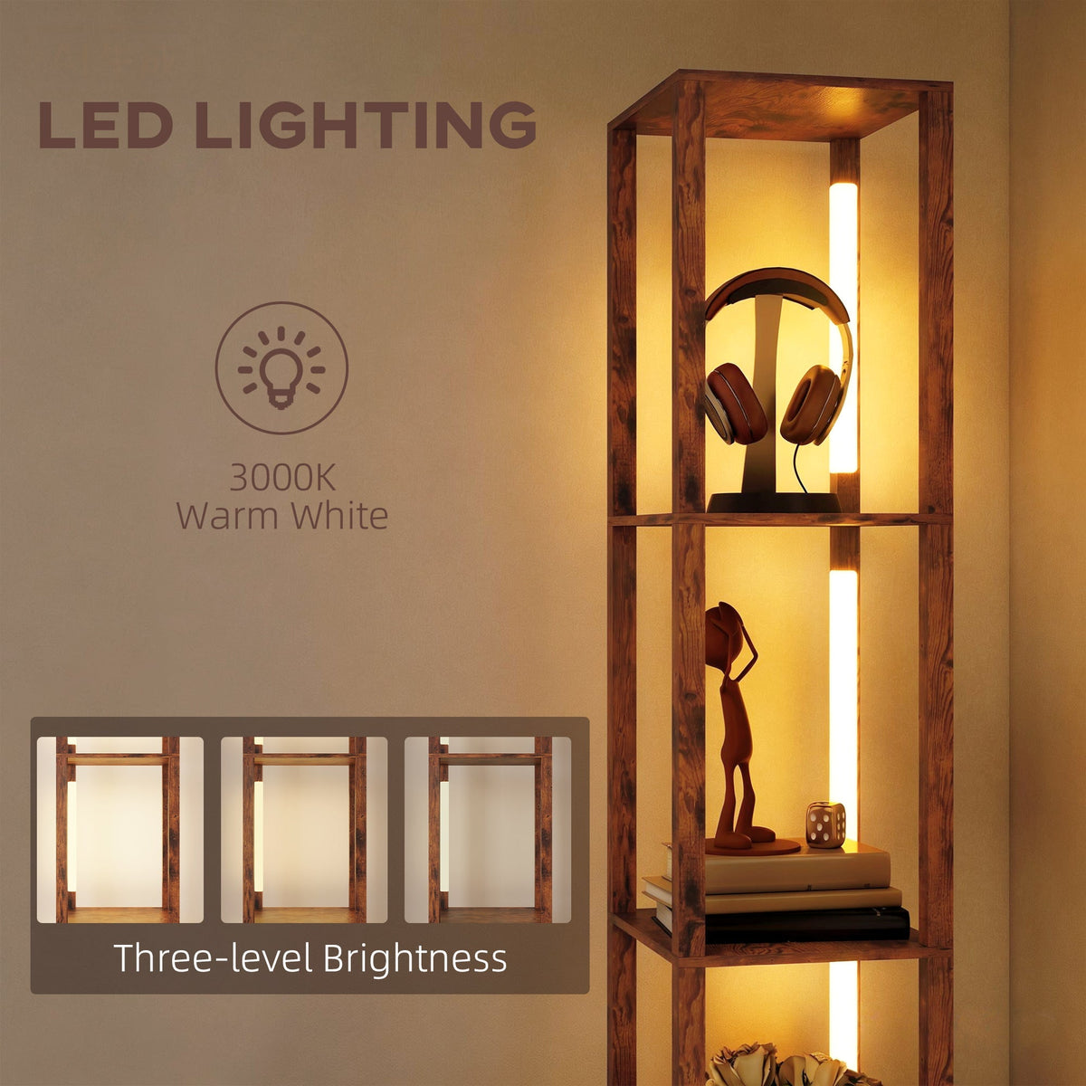 مصباح أرضي من هومكوم مع أرفف، مصباح عمودي LED عصري قائم بذاته مع درج قماشي، سطوع قابل للتعديل، مفتاح قدم لغرفة المعيشة، غرفة النوم، المكتب، بني ريفي