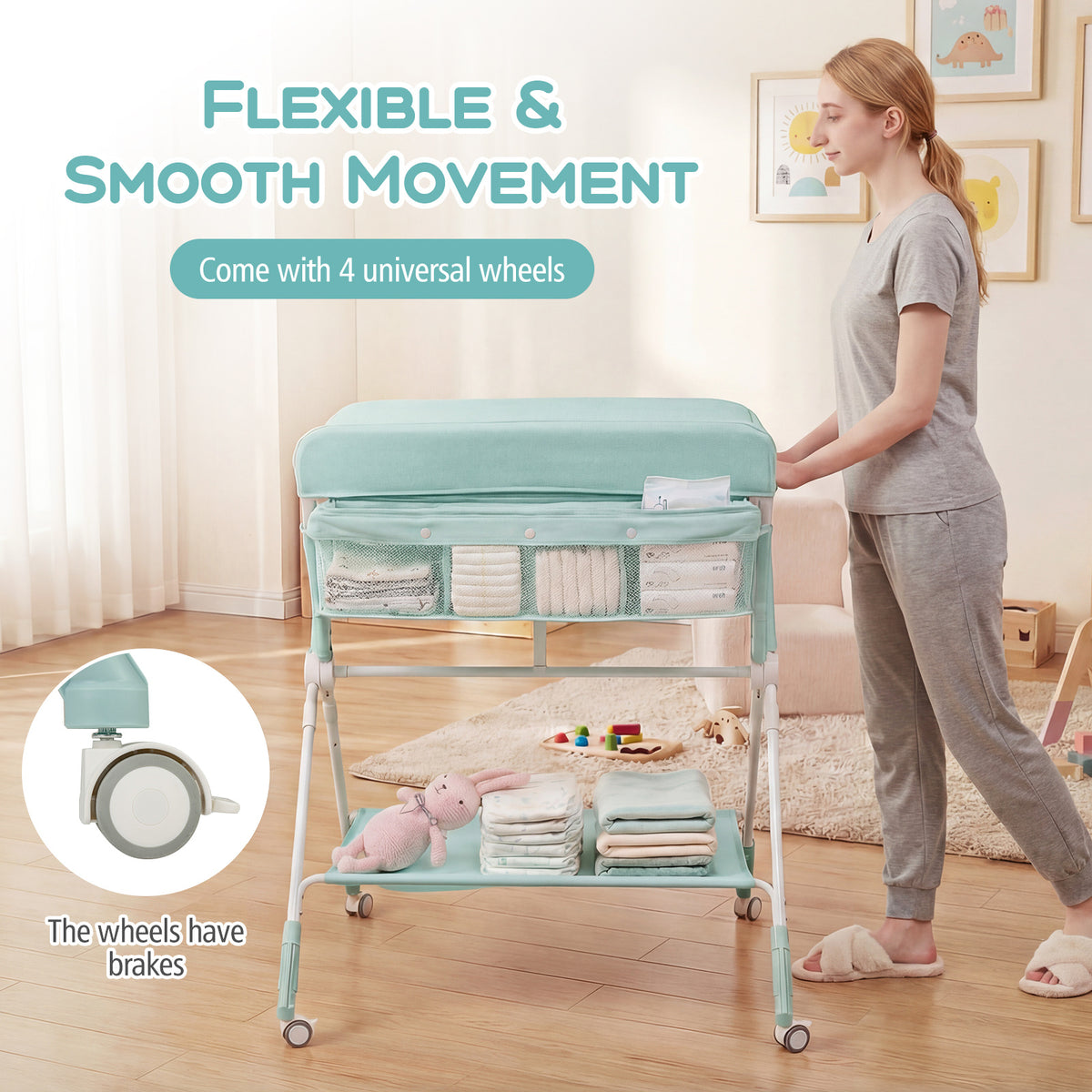 Diaper Changing Station with 3 Position Adjustable Level and 4 Universal Wheels-Green