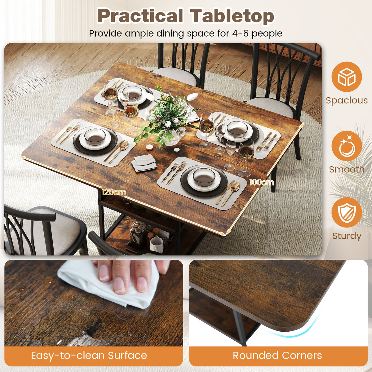 Dining Table for 4-6 Rectangular Dining Table with 2 Open Storage Shelves-Brown