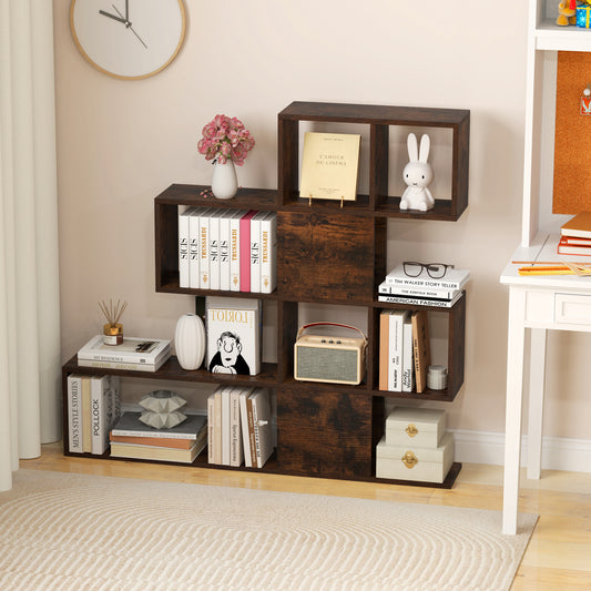The display and storage bookshelf filled with books and decorative items in a room setting