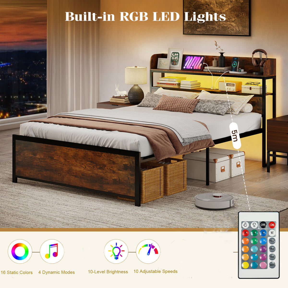Double Bed Frame with LED Lights and Power Outlets with Storage Headboard-Rustic Brown