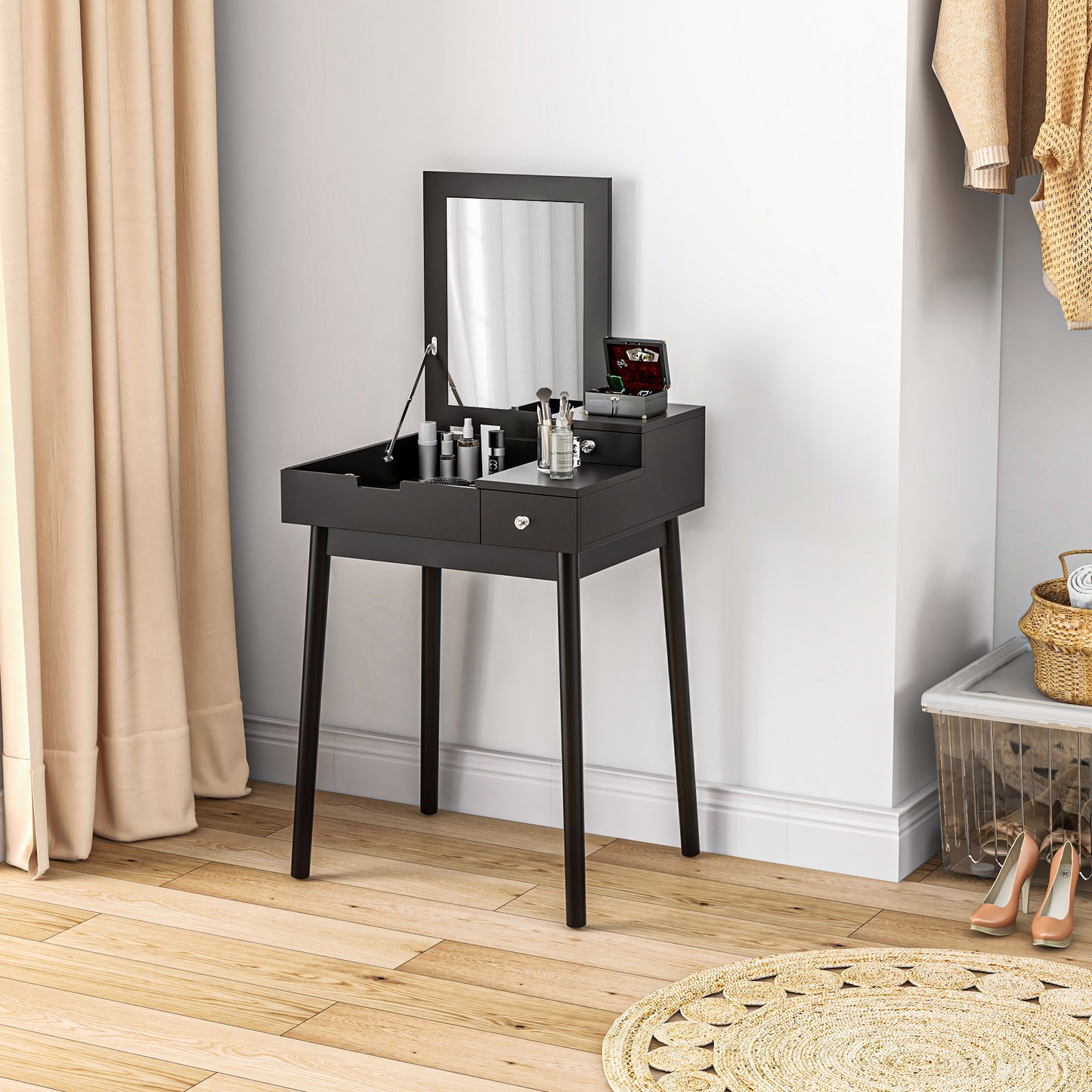 HOMCOM Dressing Table with Flip-up Mirror, Makeup Desk with 2 Drawers, Vanity Table Writing Desk for Bedroom Living Room, Black