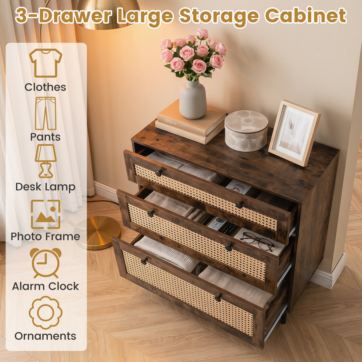 Dresser with 3 Drawers and Rattan Design and 5 Metal Legs for Bedroom-Rustic Brown