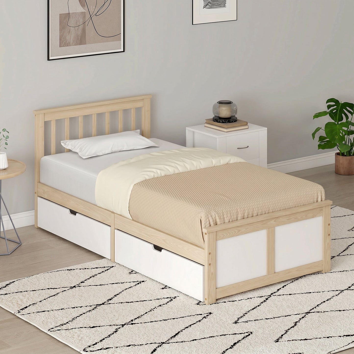 HOMCOM Pine Storage Bed, 3ft Single Solid Wooden Bed Frame with Drawers, Headboard, Wood Slat Support, Natural Wood Finish