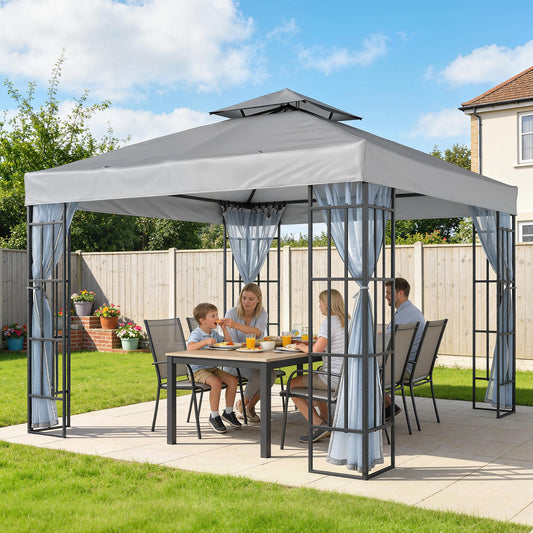 Outsunny خيمة مأوى حديقة وشرفة منبثقة بتصميم مظلة قابلة للطي 3 × 3 متر مع سقف بطبقتين وناموسية، رمادي فاتح
