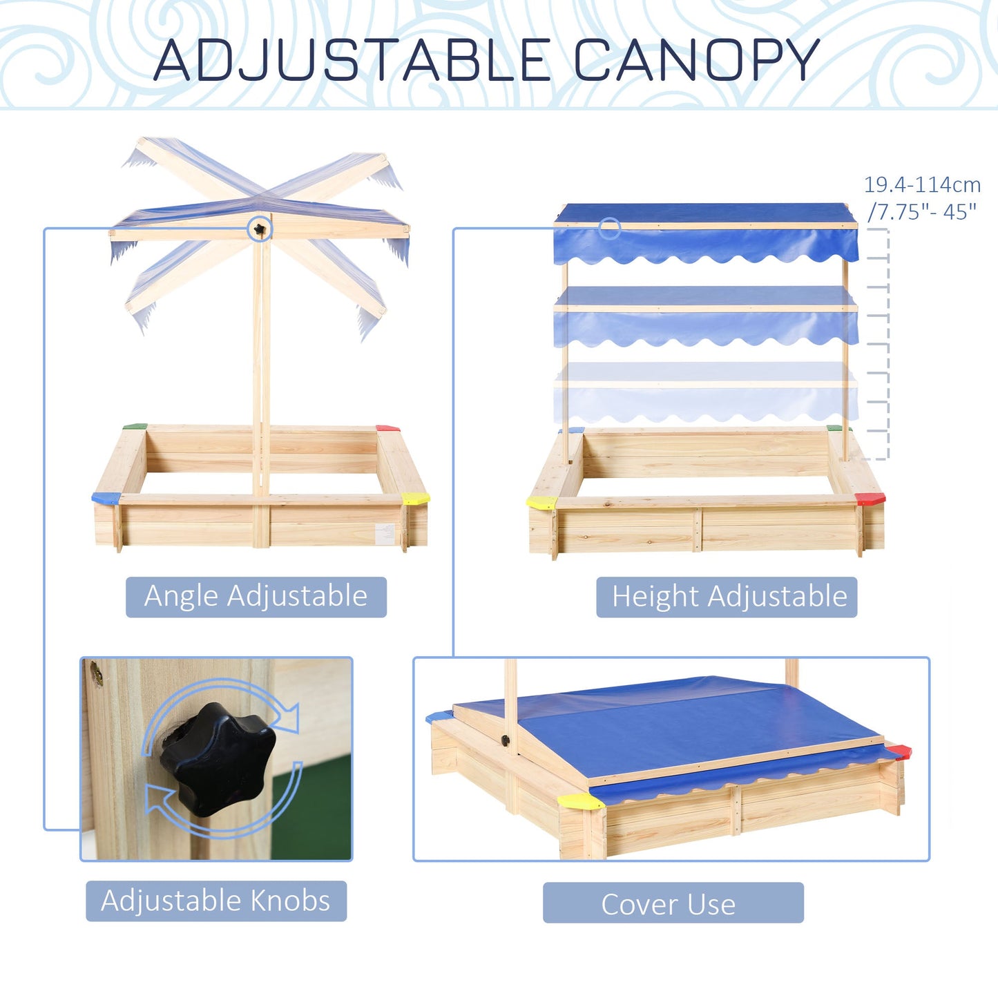 Outsunny Kids Wooden Sand Pit Sandbox صندوق رمل خشبي للأطفال مربع في الهواء الطلق مع مظلة مقعد قابل للتعديل 120x120x120 سم