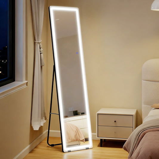 مرآة بطول كامل من هومكوم، 160 × 40 سم، تُثبت على الحائط، مرآة قائمة بذاتها مع إضاءة LED وجهاز تحكم عن بعد، خاصية التعتيم و3 أوضاع ألوان، لغرفة النوم، أسود