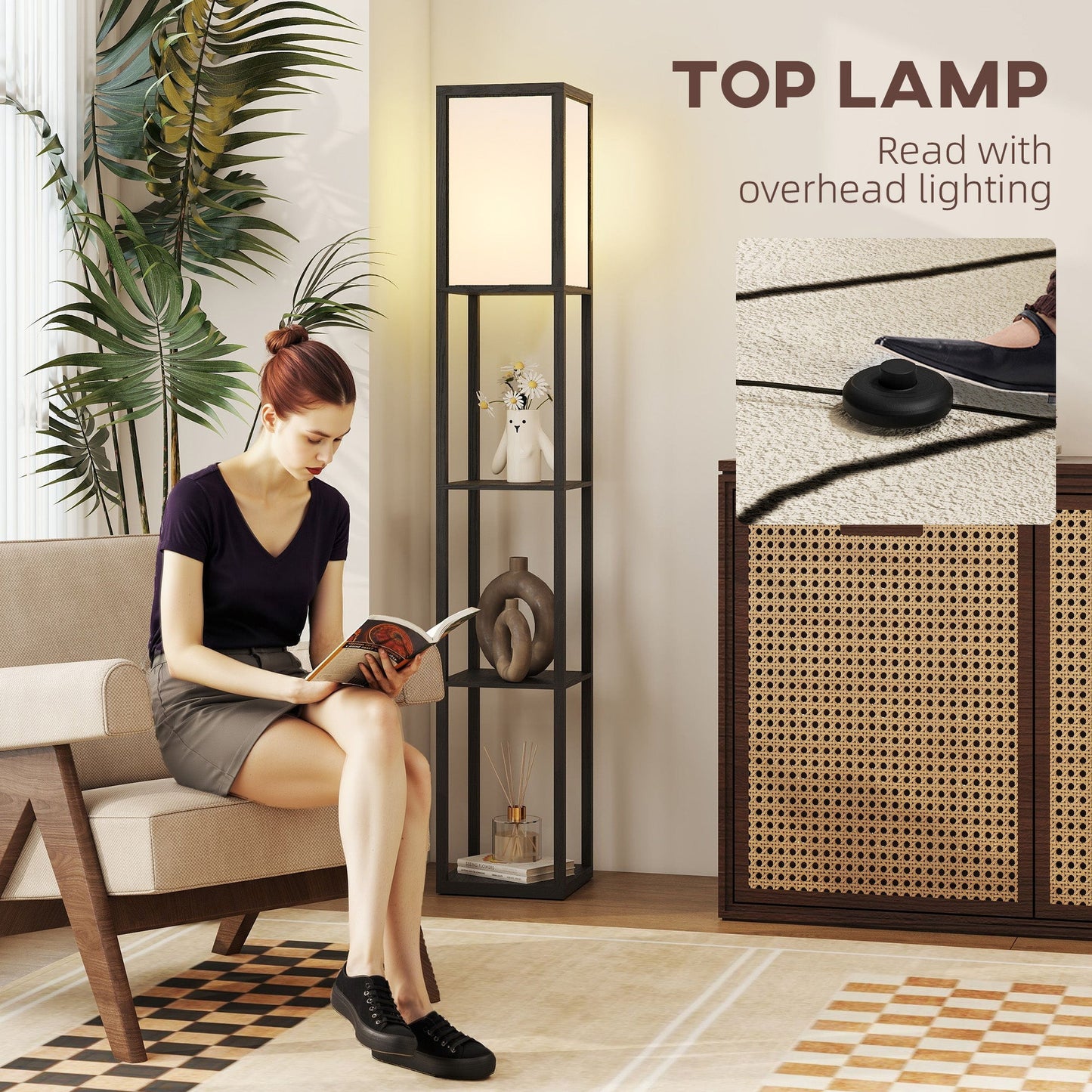 HOMCOM Floor Lamp with Shelves, 3 Layer Column Modern Standing Lamp for Living Room, Bedroom, Office, Bulb not Included, Black