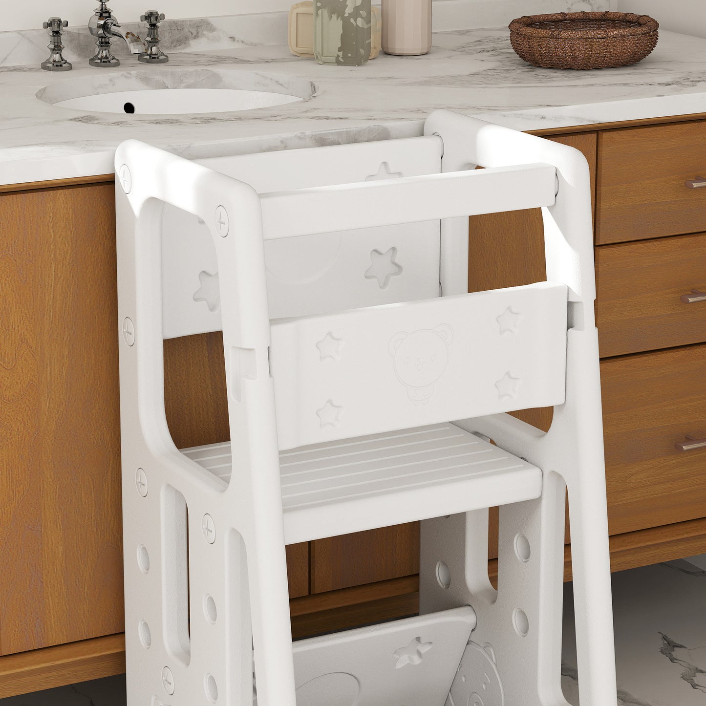 HOMCOM Kids Step Stool, Adjustable Standing Platform, Toddler Kitchen Stool, White